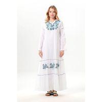 Uzun Kol Venedik Nakışlı Şile Bezi Otantik Uzun Elbise Beyaz Byz