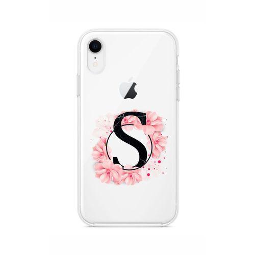 iPhone XR Pembe Çiçek Desen S Harfli Şeffaf Kılıf