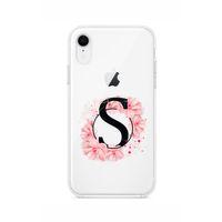 iPhone XR Pembe Çiçek Desen S Harfli Şeffaf Kılıf