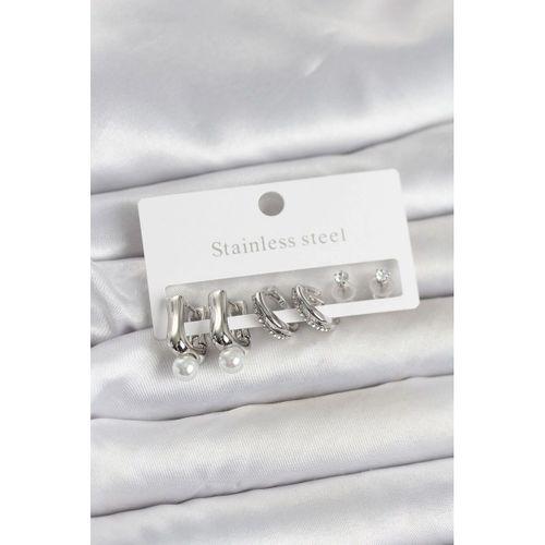 316L Çelik Gümüş Renk Kadın Küpe Seti