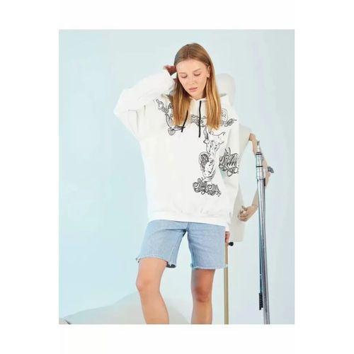 Pilelistore Kapüşonlu Strong Heykel Baskılı Sweatshirt - Beyaz