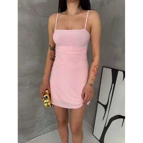Askılı Şifon Mini Elbise Drapeli Bel Vücuda Oturan Yazlık Şık - Pembe