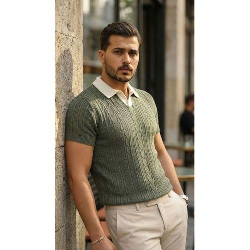 Erkek Desenli Kısa Kollu Triko Tişört - %100 Pamuk Akrilik