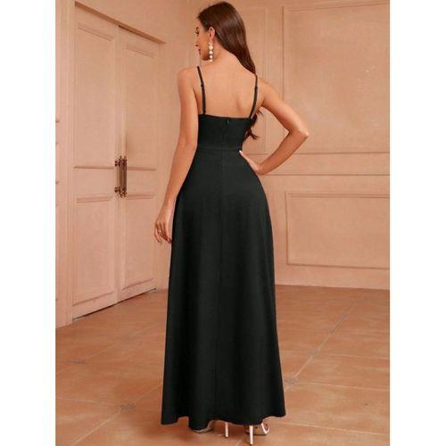 Kadın Ip Askılı Kruvaze Yakalı Yırtmaçlı Uzun Ithal Krep Elbise