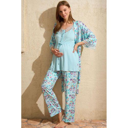 İp Askılı V Yaka Kadın Çiçek Desenli Yazlık Dantel Detaylı Hamile Pijama Takımı Sabahlık