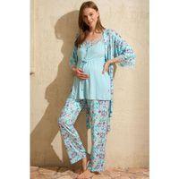 İp Askılı V Yaka Kadın Çiçek Desenli Yazlık Dantel Detaylı Hamile Pijama Takımı Sabahlık