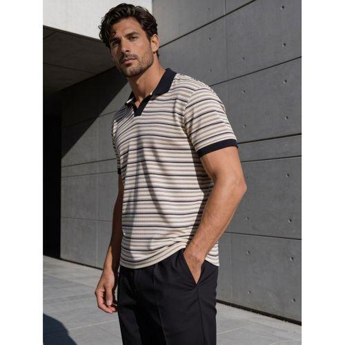 Gert Relaxed Fit Çizgili Pike Kumaş V Pat Polo Yaka T-Shirt - Siyah