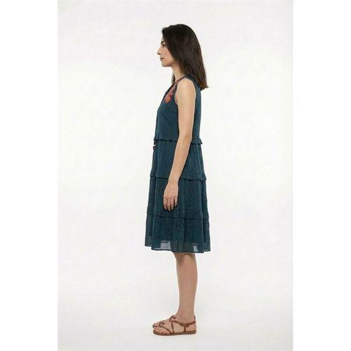 Kolsuz Mina Nakış Detaylı Bağcıklı Yaka Yazlık Vual Elbise Petrol Ptrl