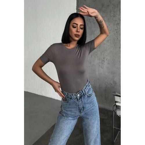 Rahat Ve Şık Kısa Kollu Bisiklet Yaka Likralı Viskon Penye Body Füme