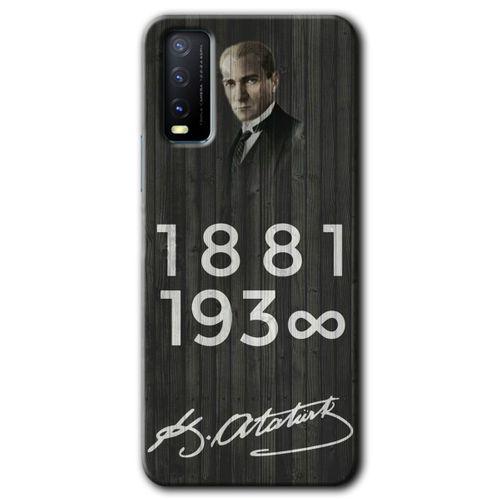 Vivo Y20 Kılıf HD Desen Baskılı Arka Kapak - Atatürk Ahşap İmza + Kırılmaz Cam