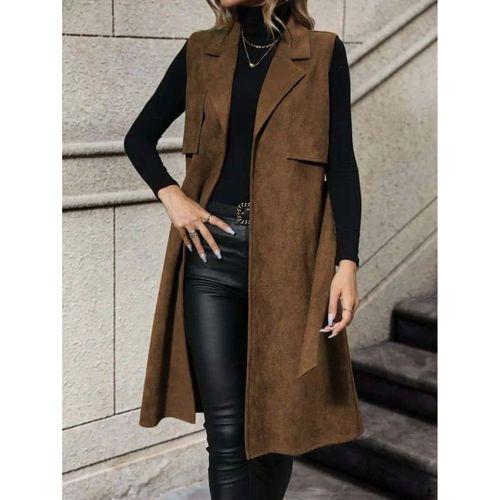 Kadın Kolsuz Yakalı önü Açık Belden Kuşaklı Süet Midi Yelek