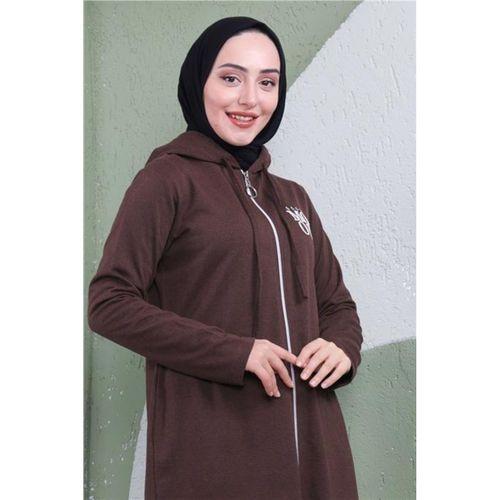 Yazı Baskılı Fermuarlı Kapşonlu Uzun Sweat - 03081.028 - Kahverengi