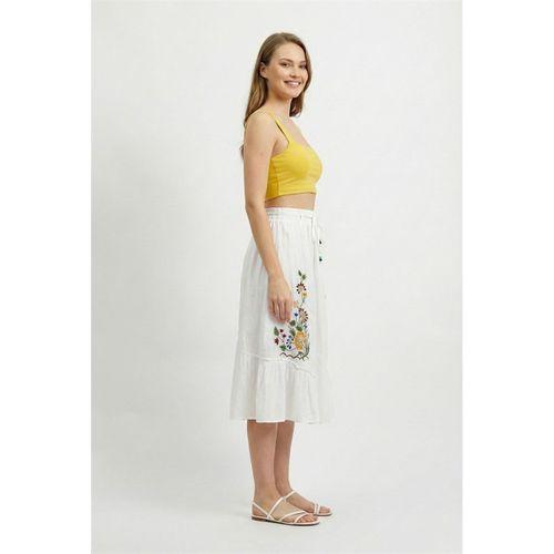 Canan Vual Bağlama ve Lastik Detay Midi Boy Yazlık Otantik Etek Beyaz Byz