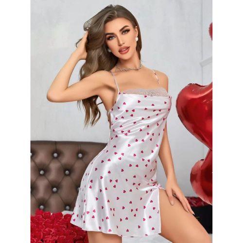 Kadın Beyaz Fuşya Kalp Desenli Saten Gecelik 2219