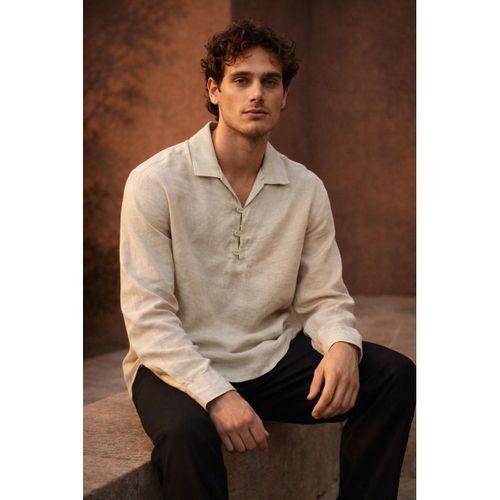 Baldwin Apaş Yaka Britli 3 Düğmeli İnce Modal Kumaş Oversize Uzun Kollu Yazlık Erkek Gömlek - Bej