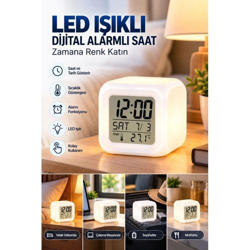 Dekoratif Küp Saat Led Işıklı Dijital Saat Alarm Ve Sıcaklık Özellikli