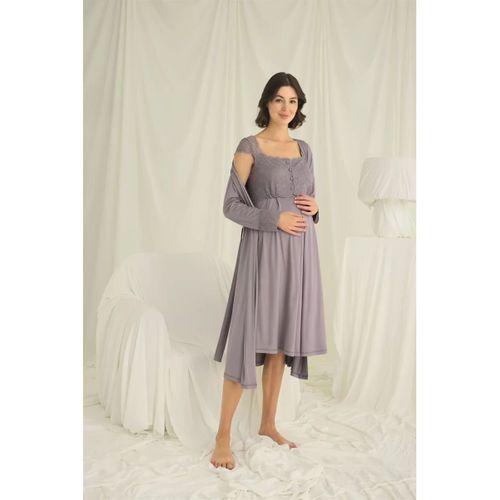 Dantelli Önü Düğmeli Hamile Lohusa Sabahlık Takımı