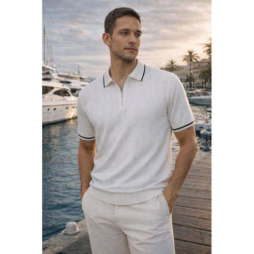 Jared Yakası Şeritli Dik Çizgili Yarım Fermuar İnce Triko Erkek T-Shirt - Beyaz