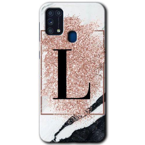 Samsung Galaxy M31 Kılıf Baskılı Kapak - Pembe Mermer Desenli L Harfi + 5D Tam Kaplayan Cam