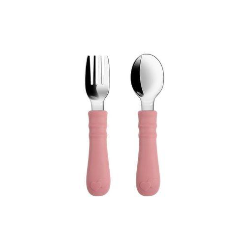 Silikon Saplı Paslanmaz Çelik Bebek Kaşık Çatal Seti Pembe