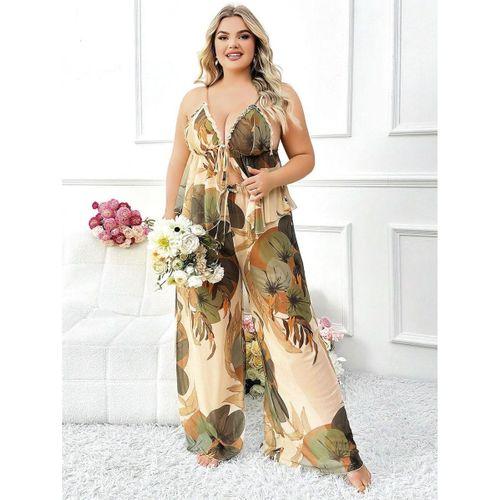 Özel Tasarım Büyük Beden Çiçek Desenli İnce Askılı 2'li Pijama Takımı