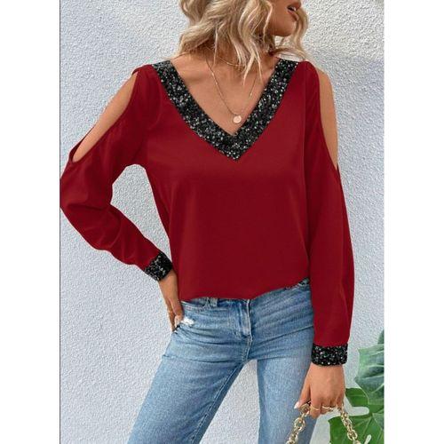 Kadın Uzun Kollu V Yakalı Omuzlardan Açık Sandy Bluz