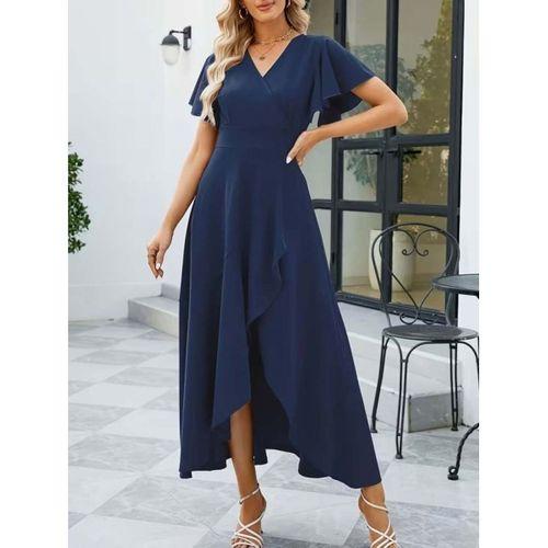 Kadın Kısa Kollu Kruvaze Yakalı ön Asimetrik Volanlı Uzun Ithal Krep Elbise