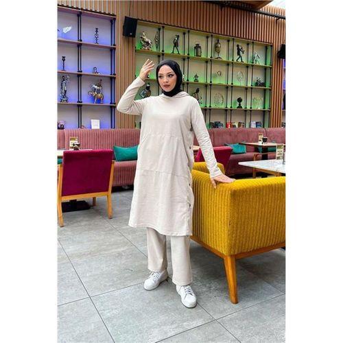 Kapşonlu Yandat Çıtçıtlı Sade Basic Uzun Tunik ve Pantolon İkili Spor Takım - 03071.027 - Ekru