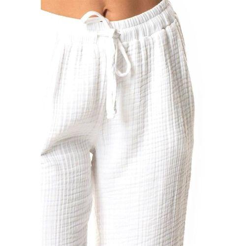 Beli Lastikli Multi Çift Cepli Müslin Kadın/Erkek Unisex Yazlık Pantolon Beyaz Byz