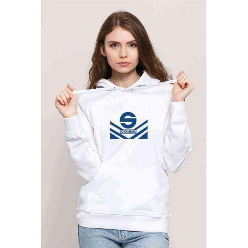 Sparco Logo Baskılı Beyaz Kadın Kapşonlu Sweatshirt