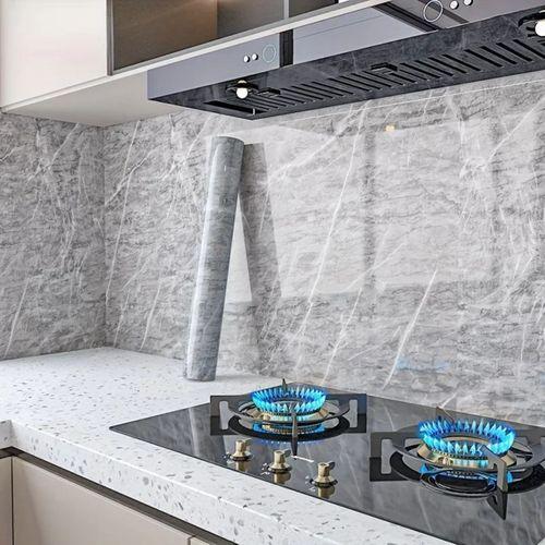 Mermer Desenli Mutfak Duvar Kağıdı Sticker - 5mx60cm Su Geçirmez, Yağa Dayanıklı, Yüksek Sıcaklığa Dayanıklı Tezgah, Dolap, Ocak Yenileme Folyosu T04