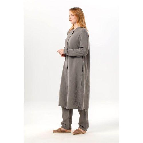Uzun Kol Yaren Hakim Yaka Yazlık Müslin Tunik Gri Gri