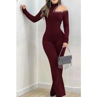 Kadın Tek Omuzdan Açık Balıkçı Yaka Taş Detaylı Uzun Ithal Krep Tulum