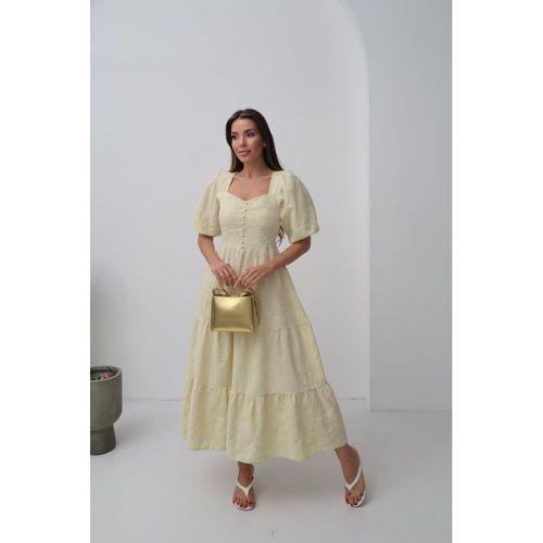 Sarı Süs Düğmeli Balon Kollu Elbise