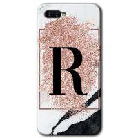 Oppo Rx 17 Neo Kılıf HD Desen Baskılı Arka Kapak + Temperli Cam - Pembe Mermer Desenli R Harfi