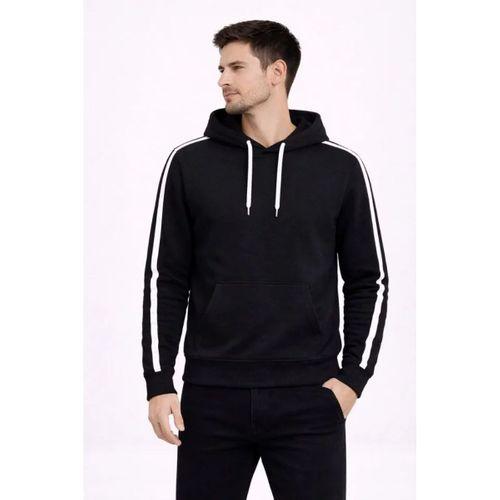 Erkek Şeritli Kapüşonlu Sweatshirt Oversize 3 Iplik Pamuklu - Siyah