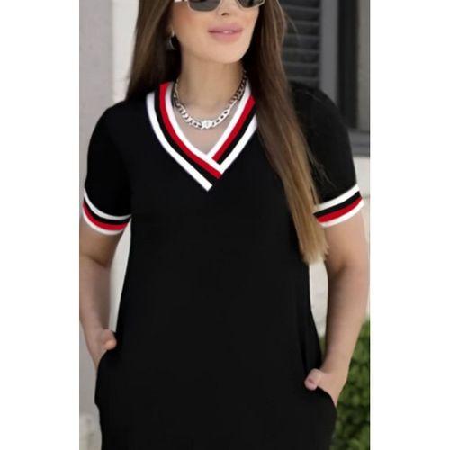 Kadın Kısa Kollu V Yaka Ribana Detay Midiboy Viskon Elbise