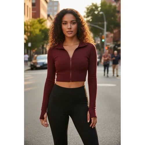 Bordo Dik Yaka Fermuarlı Uzun Kollu Parmak Geçmeli Crop Top Spor Bluz