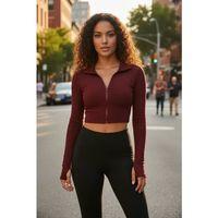 Bordo Dik Yaka Fermuarlı Uzun Kollu Parmak Geçmeli Crop Top Spor Bluz