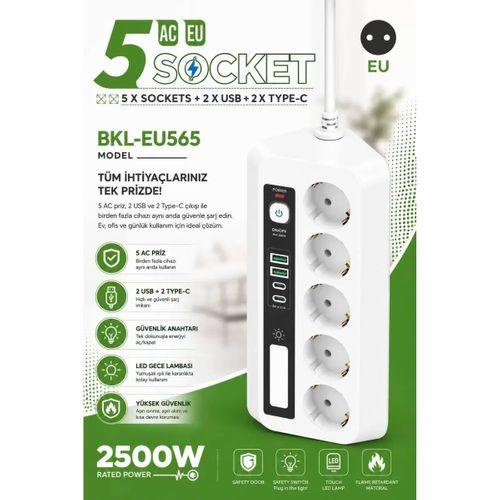 5’li Akım Korumalı Priz 2500w | 2 Usb + 2 Type-c Hızlı Şarj | Led Gece Lambalı | Dokunmatik Beyaz