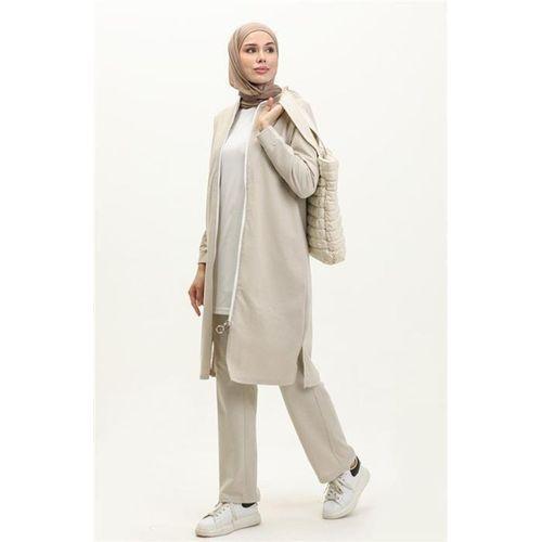 Bisiklet Yaka Fermuarlı Uzun Tunik Sade Basic Spor Takımı - 03044.027 - Ekru