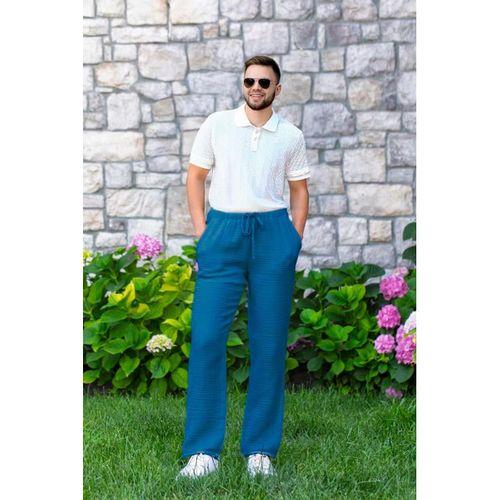 Beli Lastikli Multi Çift Cepli Müslin Kadın/Erkek Unisex Yazlık Pantolon İndigo indg