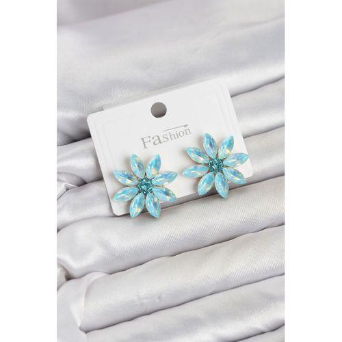 Buz Mavisi Renk Kristal Taşlı Lotus Çiçek Model Kadın Küpe