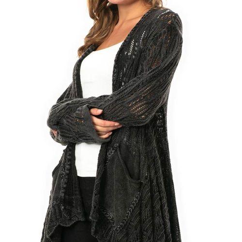 Uzun Kol Sena Asimetrik Kesim Sonbahar ve Kışlık Salaş Cepli Triko Hırka Füme Fm