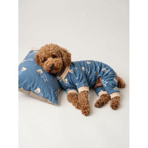 Teddy Blues Uyku Takımı | Ayıcık Desenli Pamuklu Penye Köpek Tulumu ve Mini Yastık | Küçük Irklar İçin | Tüy Dökülmesini Azaltır