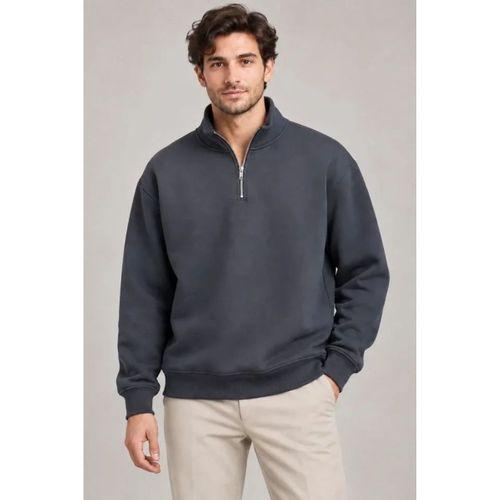 Erkek Üç İplik İçi Şardonlu Dik Yaka Yarım Fermuarlı Kışlık Sweatshirt - Füme