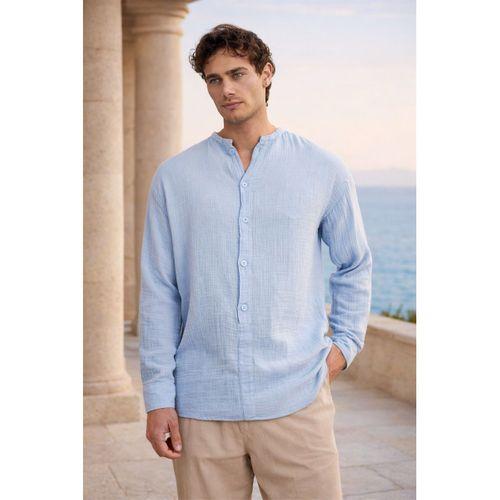 Hafif ve Nefes Alabilir Erkek Müslin Yarım Pat Hakim Yaka Oversize Gömlek - Buz Mavi