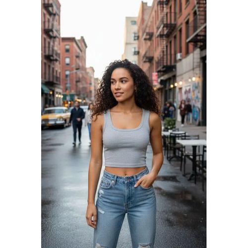 Kadın Gri Modern Fit Kare Yaka Crop Top Bluz