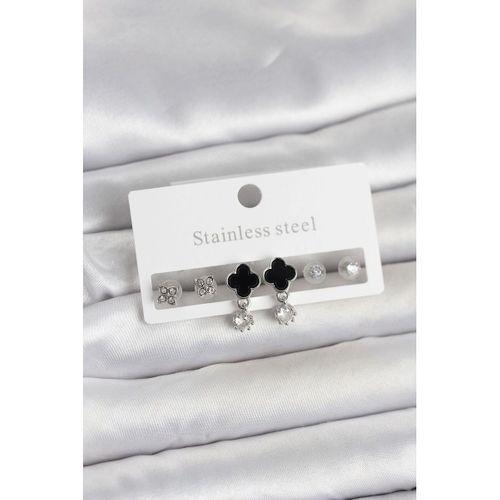 316L Çelik Gümüş Renk Yonca Detaylı Kadın Küpe Seti