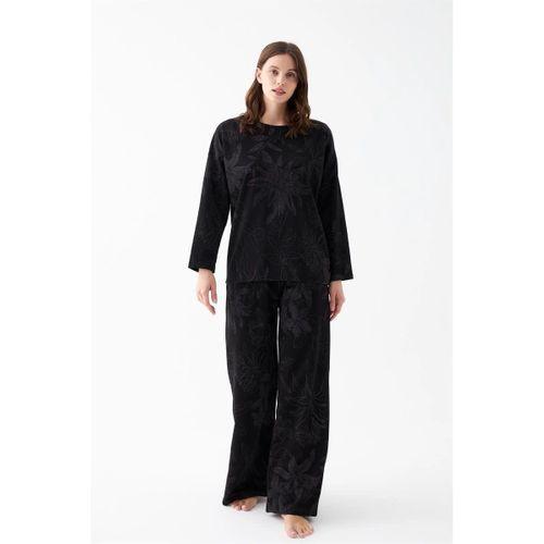 Kadın Oversize Siyah Çiçek Desenli Pamuklu Kalın Pijama Takımı